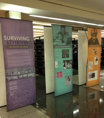 National Library of Medicine’s (NLM) travelling exhibit "Surviving & Thriving: AIDS, Politics and Culture" on display at the UCSF library.