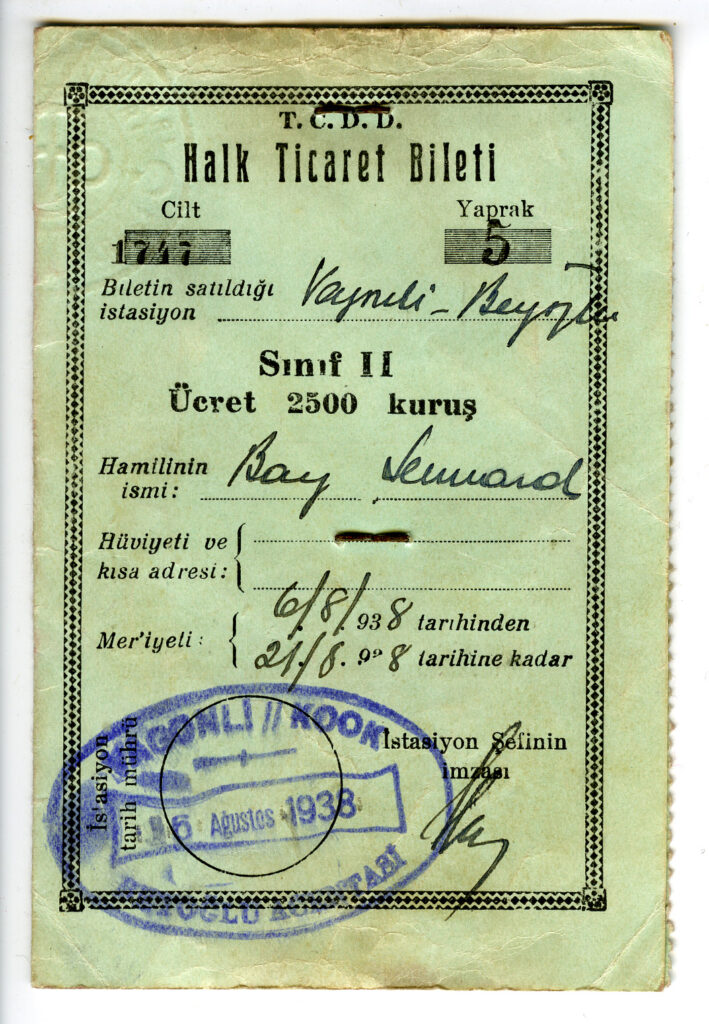 Berne's ticket to travel in Turkey, 1938