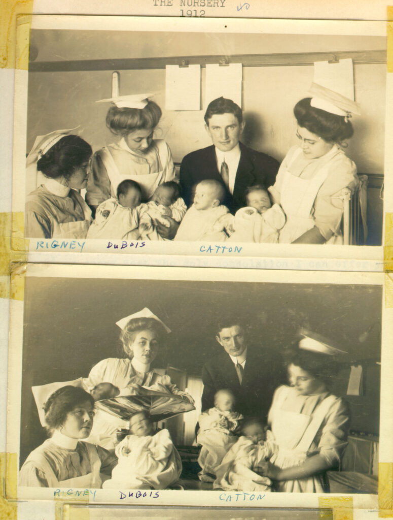 Three UC Nurses-- Rigney, Dubois, and Catton-- in the nursery with infants an unidentified man in 1912.