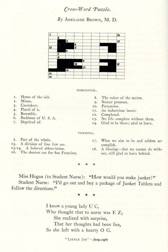 Crossword puzzle by Adelaide Brown, M.D. Children's Hospital of San Francisco Training School for Nurses Little Jim yearbook, 1925, page 48, MSS 2006-17.