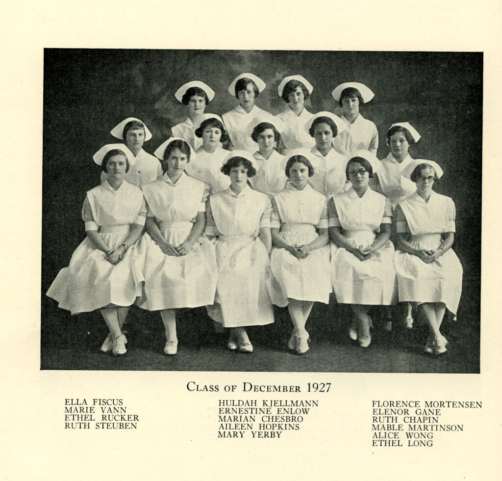 Class of December 1927, including Ruth Steuben. Children's Hospital of San Francisco Training School for Nurses Little Jim yearbook, 1926, page 22, MSS 2006-17.