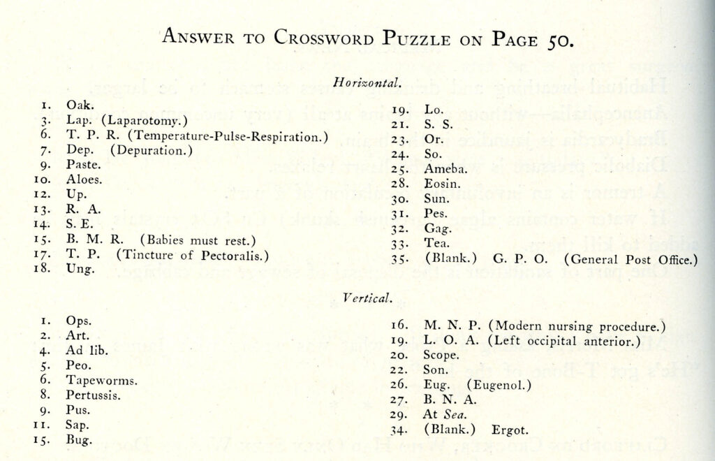 Crossword puzzle by Adelaide Brown, M.D. Children’s Hospital of San Francisco Training School for Nurses Little Jim yearbook, 1925, page 48, MSS 2006-17.