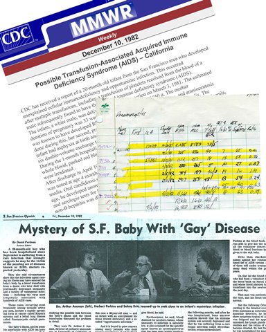 Collage of lab data on first patients in 1981, MMWR report and 1982 San Francisco Chronicle article on first blood transfusion AIDS