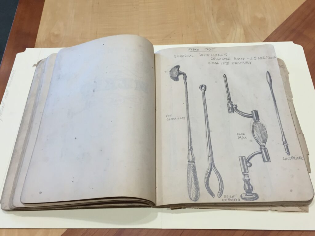 Drawings of surgical instruments from the UCSF collection for the panel devoted to Don Pedro Prat, surgeon of the Portolá expedition.