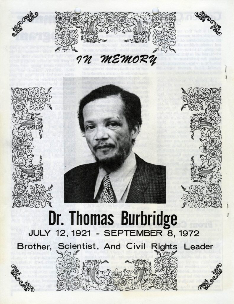 A memorial to Dr. Thomas Burbridge on the back cover of the October 1972 edition of the Black Bulletin, created by members of the Black Caucus. MSS 85-38, box 2, folder 41a