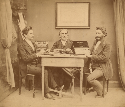 Ludwig Müller-Uri (center) with his sons Albin and Reinhold, ca. 1875.  Courtesy of Museum of Glass Art Lauscha.