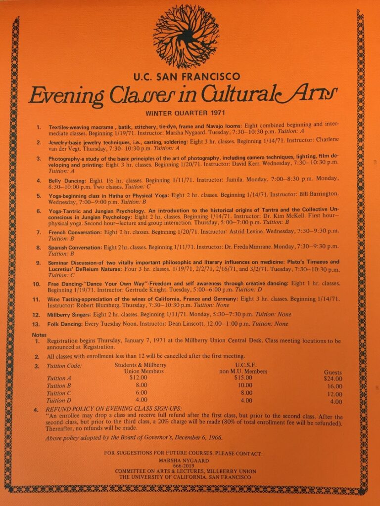 Program for the 1971 Winter Quarter evening cultural classes. Note tuition prices for these classes ranged from $4.00-$24.00. AR 2015-17.