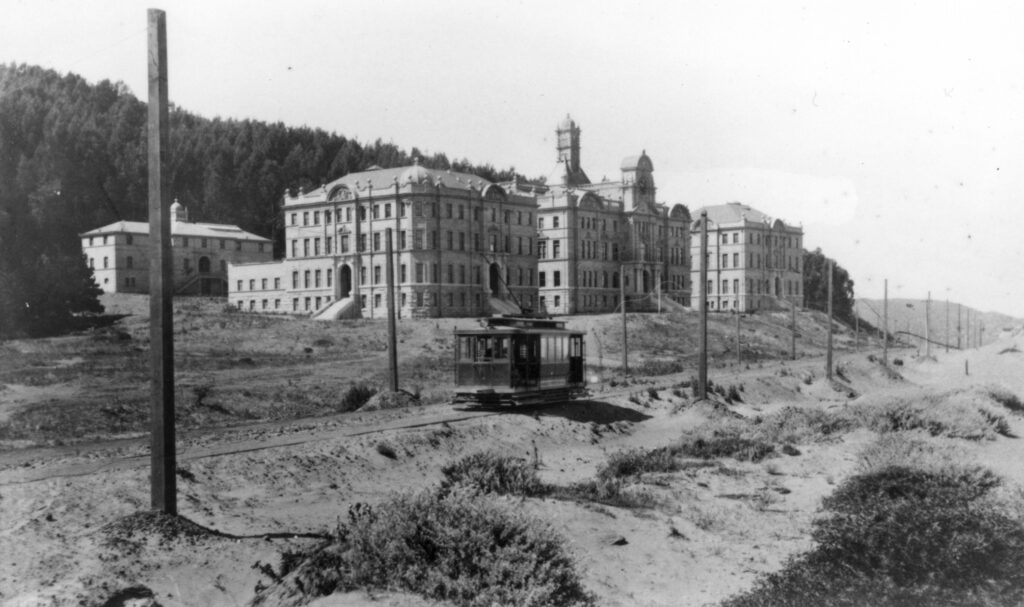 Streetcar in front of the UC Affiliated Colleges (later UCSF), circa 1910. Photograph collection.