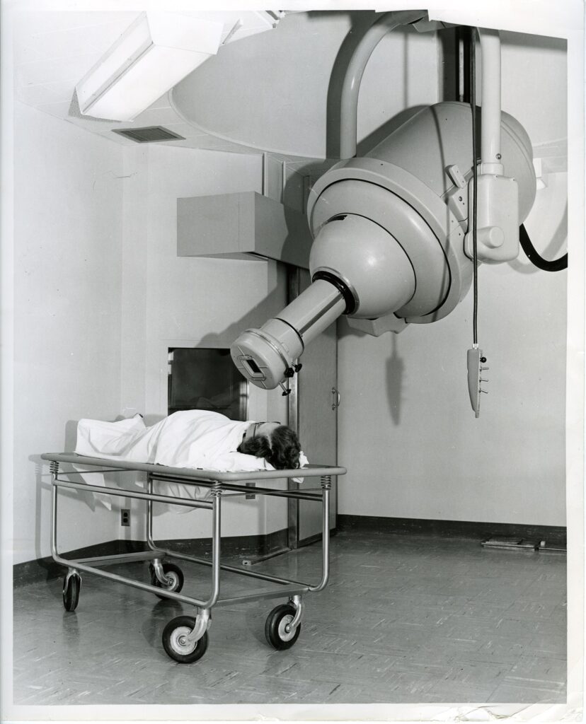 Cobalt machine, 1963; Instrument used to administer radiation therapy, often used for cancer treatment. Photograph by Cal-Pictures. Photograph collection, R, Radiology Therapy.