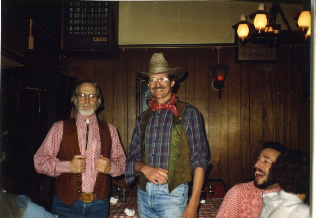 J. Michael Bishop and Harold Varmus at Nobel Shindig, a county-western themed dinner party given by Varmus and Bishop in celebration of their Nobel Prize award in Physiology or Medicine; held at DeMarco's 23 Club, Brisbane, California, 1989. MSS 2007-21, carton 8, folder 41.