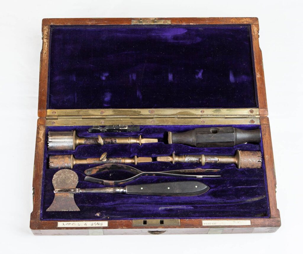 Skull and brain surgery kit, 19th century. UCSF Artifact Collection, item 441.