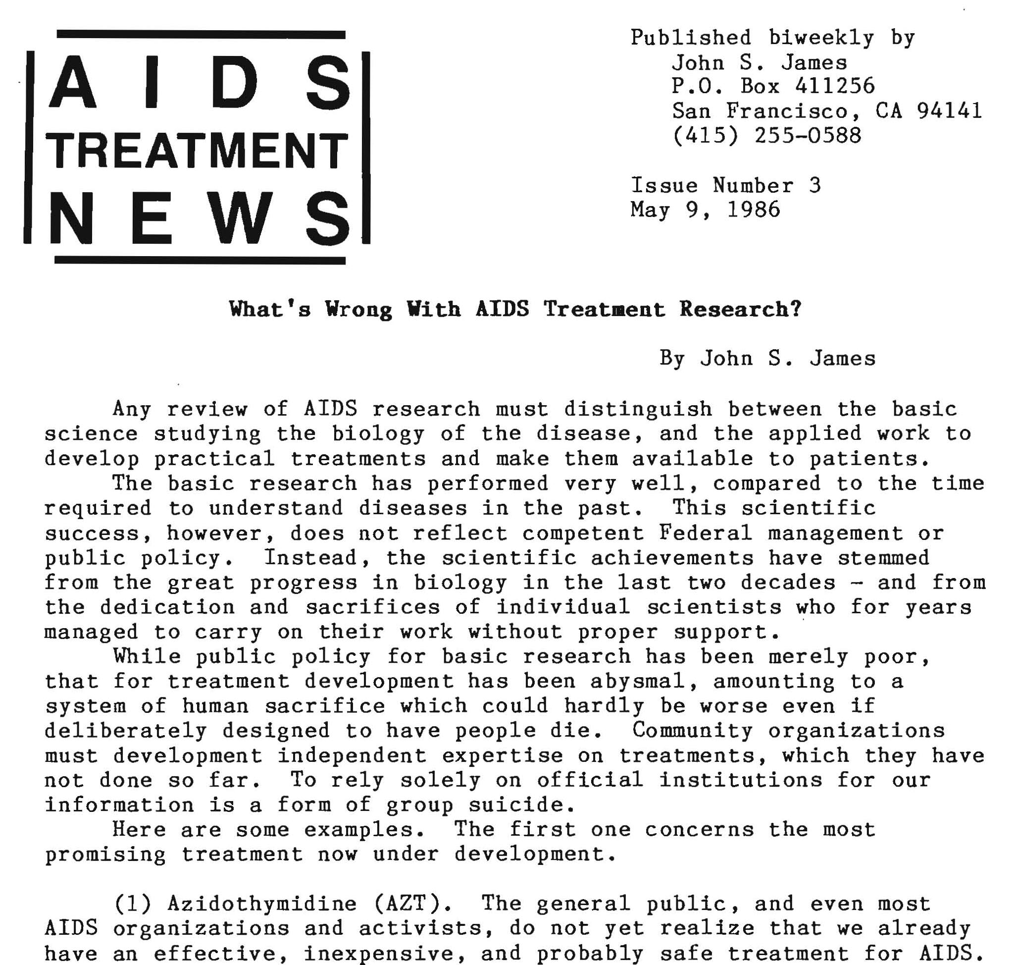 Title page of AIDS Treatment News, Issue #3, May 9, 1986