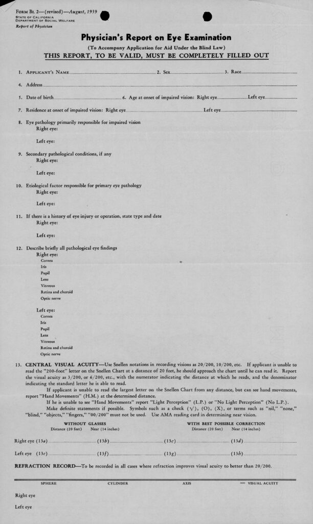 Blank eye examination form from patient record.