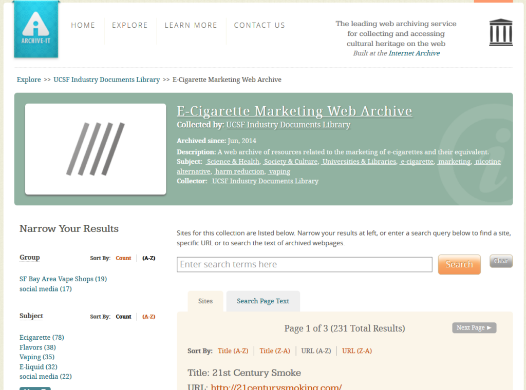 Home page of the E-cigarette marketing web archive