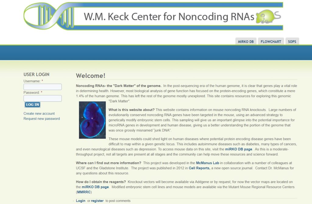 screen shot of the homepage of the W.M. Keck Center for Non-Coding RNAs