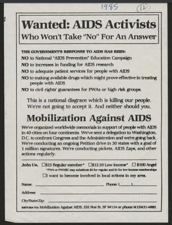 Mobilization Against AIDS flyer, 1985. 