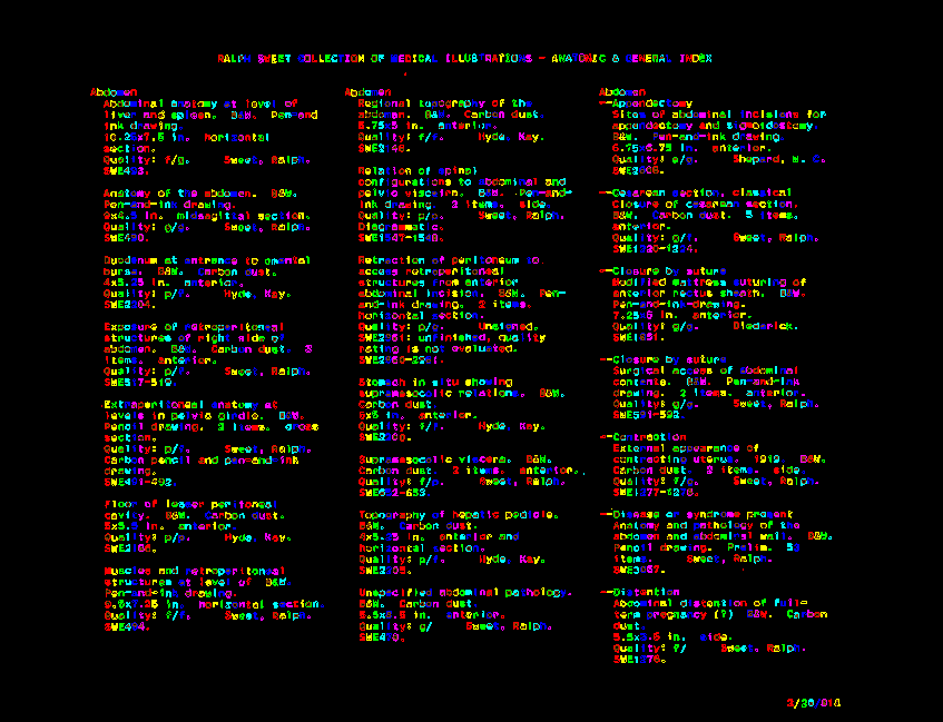 A page of colorful text on a black background illustrating the text that has been automatically traced from the Ralph Sweet Index by the computer program Tessearact.