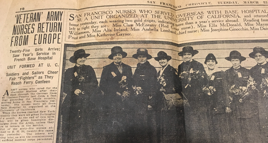 Figure 28 - "’Veteran’ Army Nurses Return from Europe” clipping of The San Francisco Chronicle, Tuesday, March 25, 1919, in AR 207-16, UCSF Archives and Special Collections, Parnassus Library, UCSF, San Francisco, California