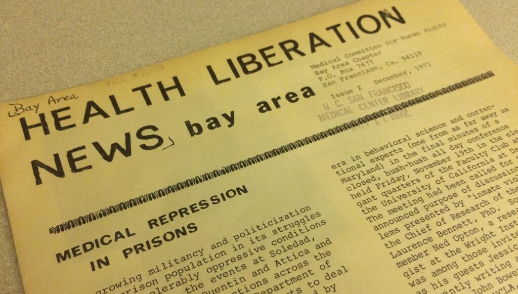 The front page of the Bay Area Health Liberation News newspaper with an article about medical repression in prisons.