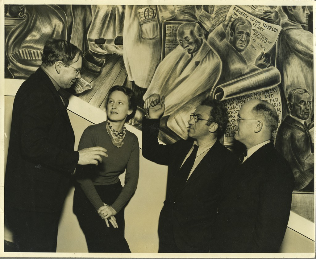 Photo of 4 people, from left to right: Joseph Allen, Phyllis Wrightson, Bernard Zakheim, and F. Stanley Durie