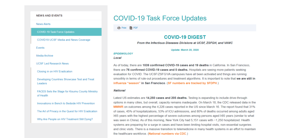Image of website of AIDS Research Institute's COVID-19 Task Force showing their March 25, 2020 update on the pandemic in California and San Francisco.
